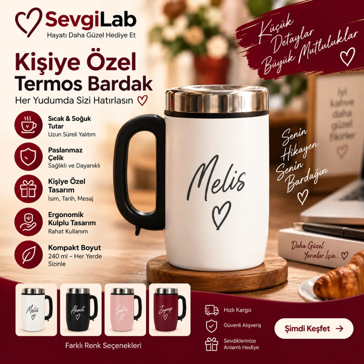 Kişiye Özel Kulplu Çelik Termos Bardak 240 ml